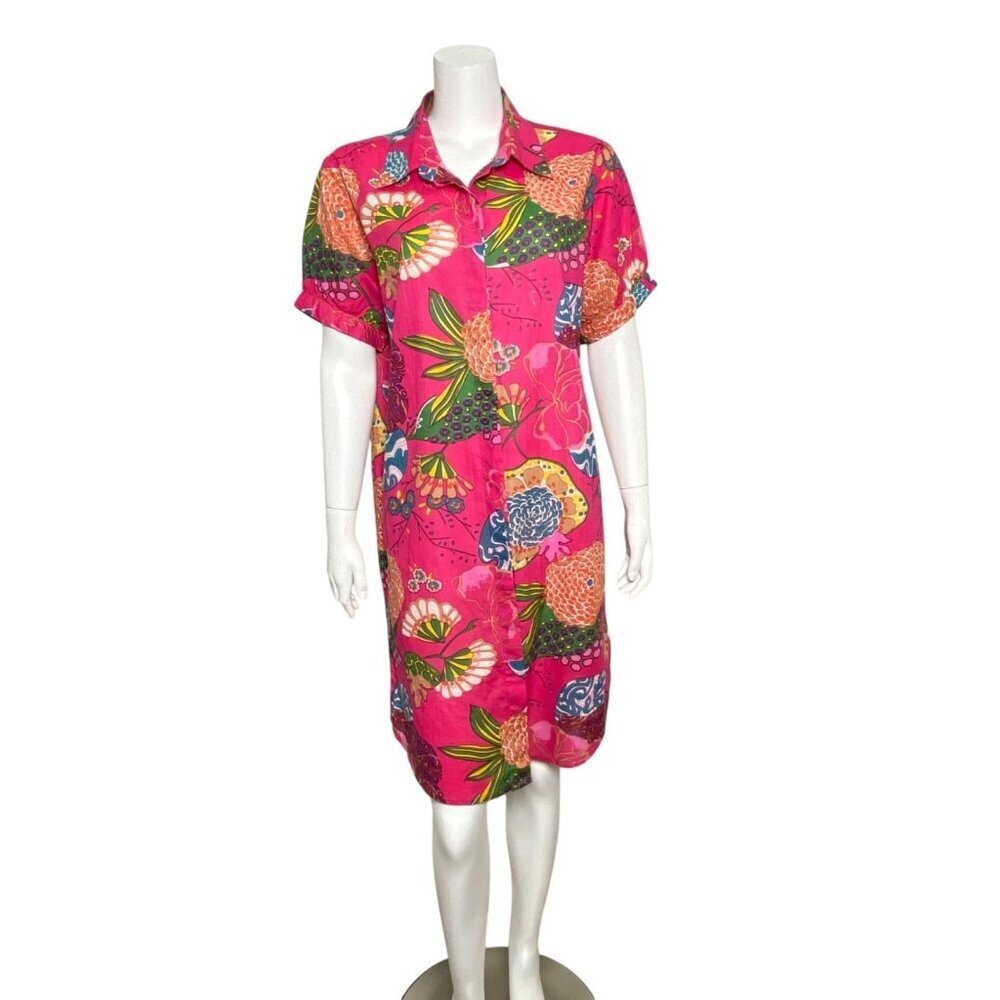 Fitzroy & Willa Shirt Dress Womens Size M Short Sleeve Button Up Pink Floral